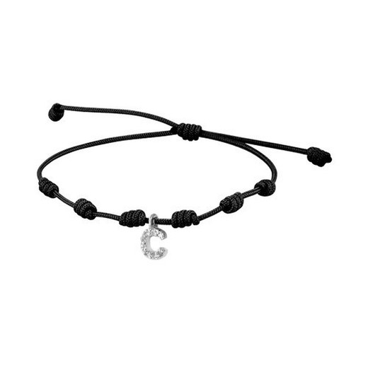 05-183371 Pulsera mujer autoajustable de macramé con inicial de oro blanco hecha a mano y diamantes montados con pave