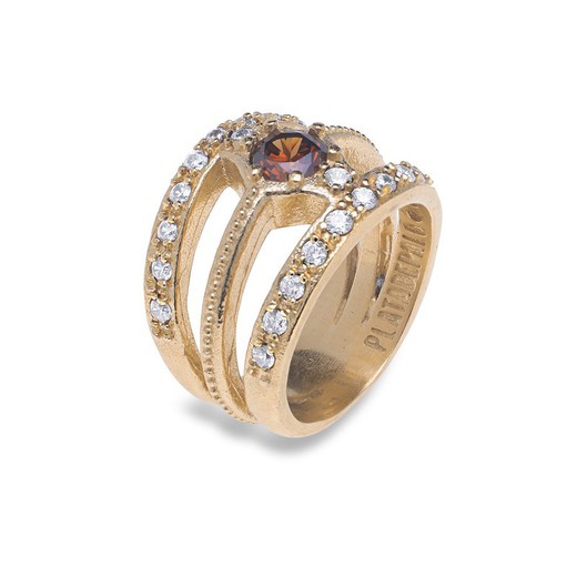 Anillo Plata de Palo mujer de bronce chapado en oro con circonitas blancas y circonita central marrón Referencia:WR102G Deslumbra con elegancia y distinción con nuestro magnífico anillo elaborado artesanalmente a mano