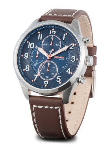 Reloj DUWARD de hombre colección AQUASTAR Interlagos Ref D85526.05 cronógrafo correa de cuero esfera azul elegante y caja de acero inoxidable 316L