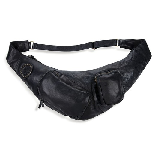 Bandolera PLATADEPALO modelo OPIUM unisex ACS023N cuero negro con compartimientos