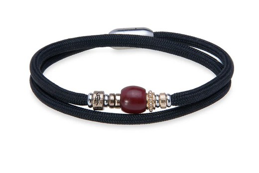 BB053N Pulsera unisex Plata de Palo doble de nylon color negro con resina granate modelo Olyn