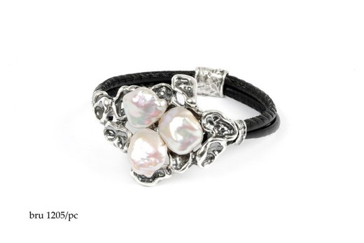 BRU1205pc Pulsera de la bruixeta cuero, plata y perlas