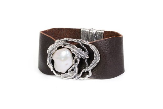 BRU1550pcp Pulsera la bruixeta plata, cuero con perla barroca