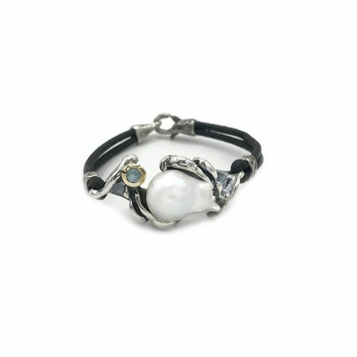 BRU1951pc Pulsera la bruixeta plata con perla barroca y turmalina con bisel oro