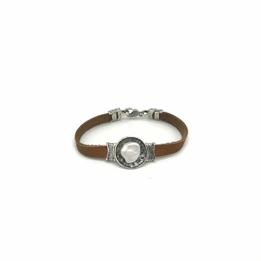 BRU1963pc Pulsera la bruixeta plata con perla y cuero