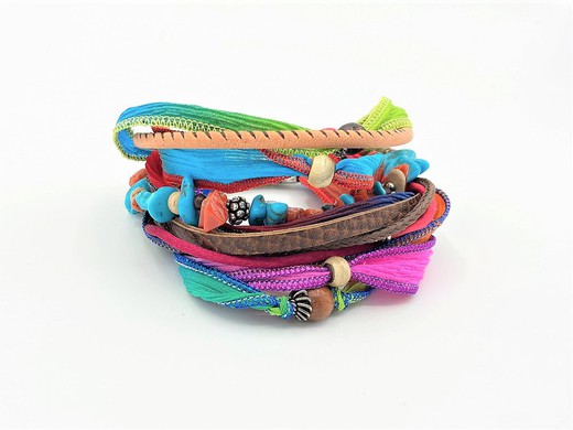 Bru85T Pulsera la bruixeta seda natural con turquesas, corales colores