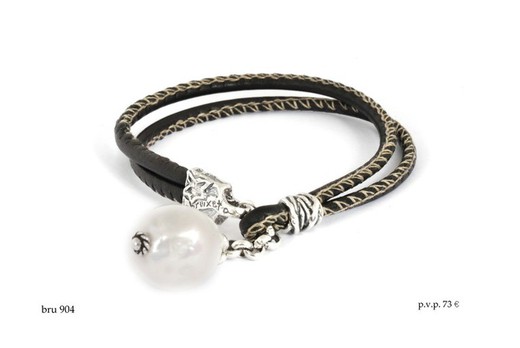 BRU904 Pulsera la bruixeta cuero doble con perla