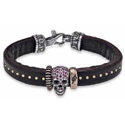 CAB38B Pulsera PLATA DE PALO unisex calavera plata, cuero y bronce