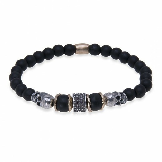 CAB78A Pulsera unisex Plata de Palo de plata, ónix mate y dos calaveras