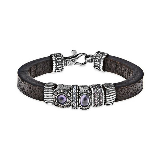 CB136D Pulsera mujer Plata de Palo en cuero, plata y circonitas color violeta