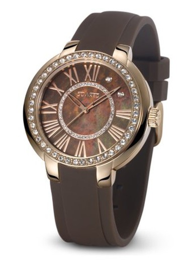 Reloj Duward elegante esfera marrón de mujer colección D15303.20 LADY Frau correa de silicona marrón cristal mineral sólido caja acero inoxidable 316L de color oro cobre con circonitas