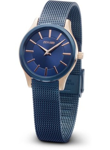 Reloj DUWARD mujer modelo D25106.25 ELEGANCE Flat de malla milanesa, acero inoxidable 316L con tratamiento IP azul cristal mineral y resistente al agua a 5ATM