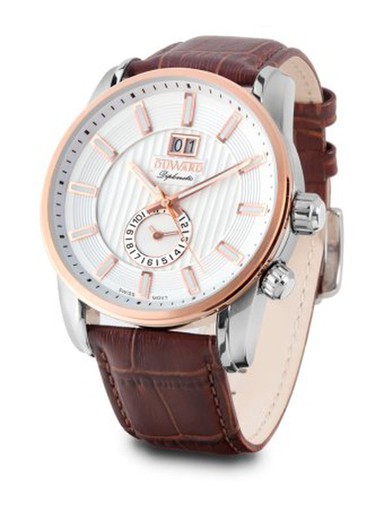 Reloj Duward Swiss Made de hombre DIPLOMATIC Canarias D85709.81 correa de piel marrón y caja de acero 316L bicolor con doble horario