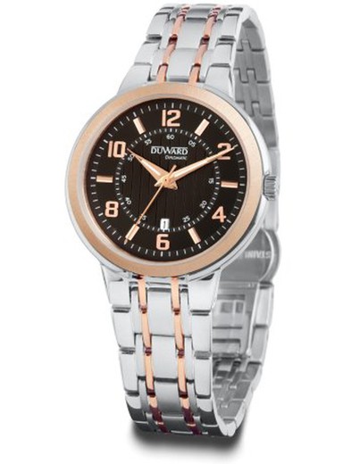 Reloj Duward de mujer serie DIPLOMATIC Dublin Ref D25420.82 calendario con esfera negra caja y pulsera de acero inoxidable 316L bicolor