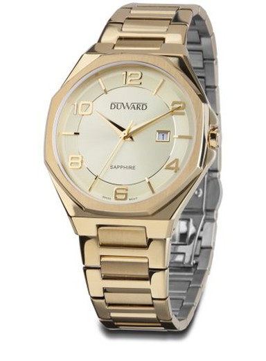 Reloj Duward hombre cristal zafiro Swiss Made colección DIPLOMATIC Extremadura Ref D95419.10 acero inoxidable 316L dorado con tratamiento IP y calendario