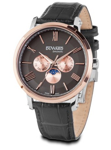 Reloj Duward Swiss Made de hombre DIPLOMATIC Navarra D85710.86 correa de piel negra y caja acero inoxidable 316L bicolor con esfera elegante de color chocolate