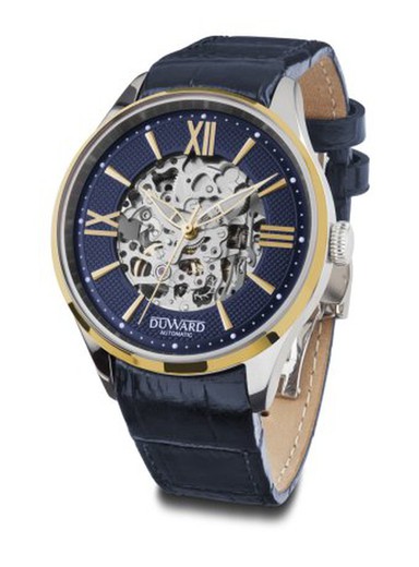 Reloj Duward automático de hombre colección DIPLOMATIC Skeleton D85800.35 esfera azul con volante visible caja de acero 316L correa de piel azul