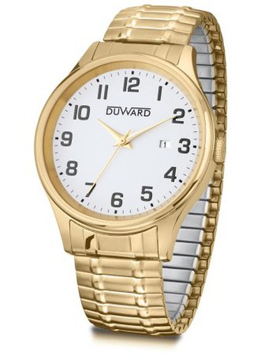 Reloj DUWARD de hombre ELEGANCE Estaylis Ref D95425.12 calendario esfera blanca correa extensible caja acero dorado con tratamiento IP