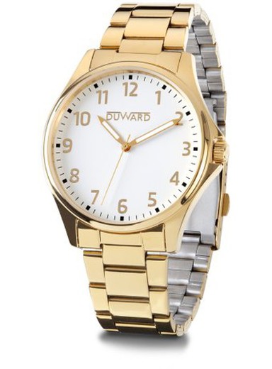 Reloj DUWARD de hombre esfera blanca colección ELEGANCE Stivoll Ref D95341.11 caja y pulsera de acero inoxidable 316L dorado con tratamiento IP