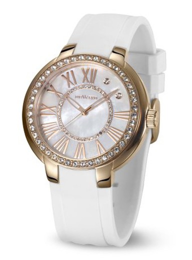 Reloj Duward elegante esfera color blanco-perla de mujer colección LADY Frau Ref D15303.21 correa de silicona blanca cristal mineral resistente caja acero inoxidable 316L color oro cobre con circonitas