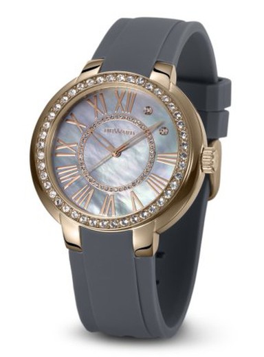 Reloj Duward de mujer serie LADY Frau Ref. D15303.26 caja de color oro cobre decorada con circonitas correa de silicona gris cristal mineral endurecido water resistant 5 ATM