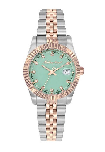 Reloj Mathey Tissot Swiss Made para mujer III D810RV de acero inoxidable 316L bicolor con tratamiento IP oro, cristal mineral y circonitas en los índices