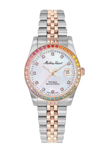 Reloj Mathey Tissot para mujer Swiss Made  Rainbow D809BQI acero inoxidable bicolor 316L bisel atractivo y elegante con circonitas de colores