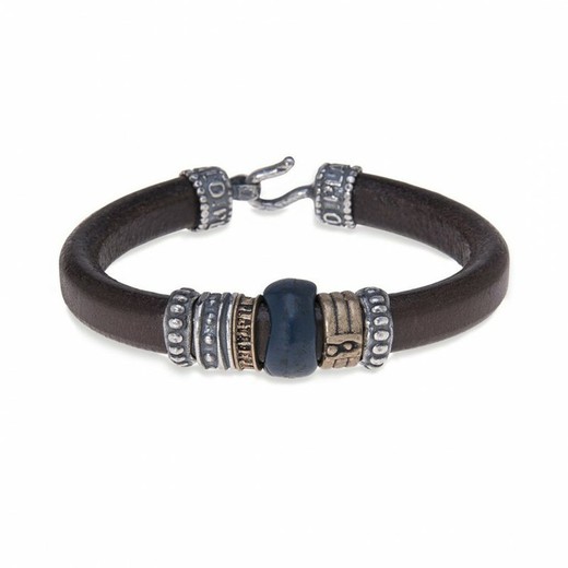 MB073X Pulsera PLATA DE PALO de cuero con resina azul