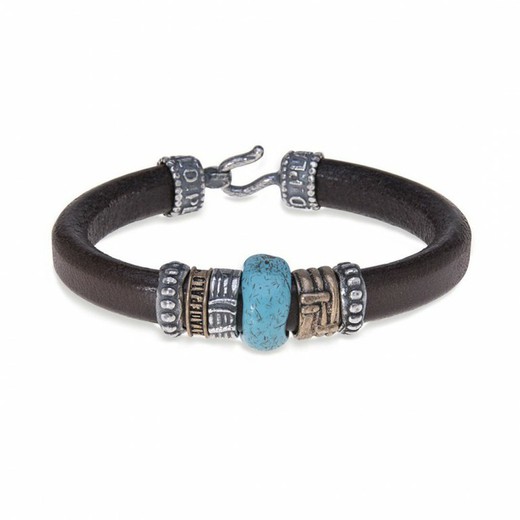 MB075X Pulsera Plata de Palo cuero con resina azul turquesa