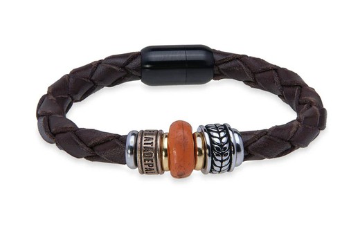 MB224X Pulsera Plata de Palo de cuero con resina naranja cierre magnético de acero inoxidable negro