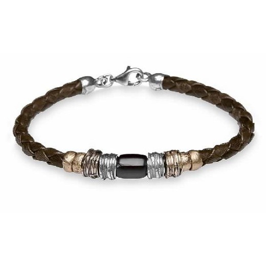 MB4H Pulsera Plata de Palo hombre de cuero trenzado, plata, bronce