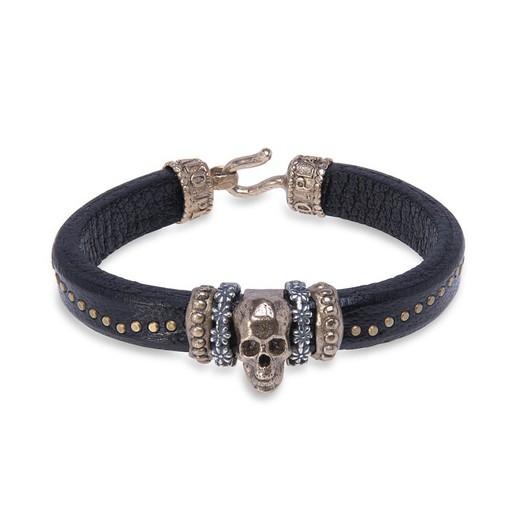 Pulsera Plata de Palo de cuero con calavera de bronce y piezas de Plata 925 y bronce Referencia:SB114X de alta joyería que deja una impresión duradera con su estilo moderno