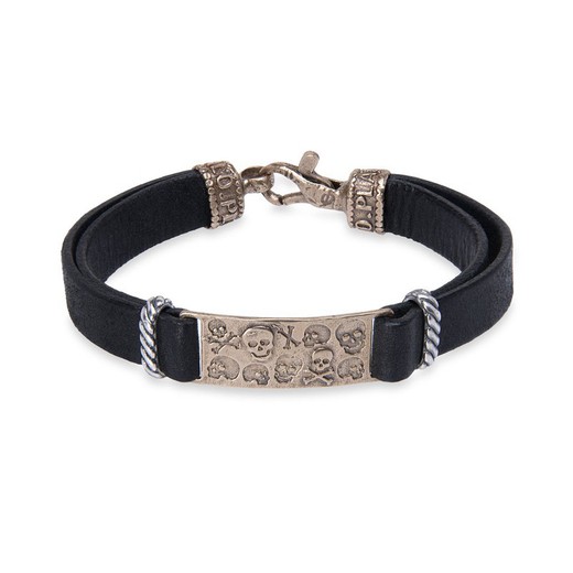 Pulsera PLATA DE PALO de cuero con pieza de bronce con grabados de calaveras Referencia:SB190X perfecta para aquellos que buscan un accesorio único que llame la atención y la actualidad