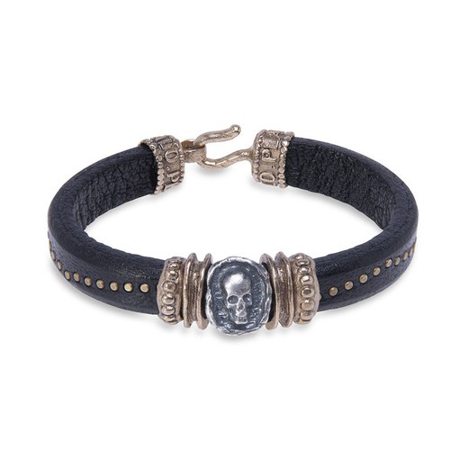 Pulsera Plata de Palo de cuero con pieza de calavera en plata y piezas de bronce Referencia:SB111X explosiva, alegre e impulsiva