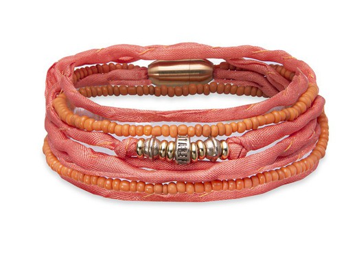 Pulsera Plata de Palo mujer doble de seda naranja con piezas de bronce Referencia:WB444O  cierre magnético en color dorado mate, que añade un toque de modernidad y actualidad al diseño