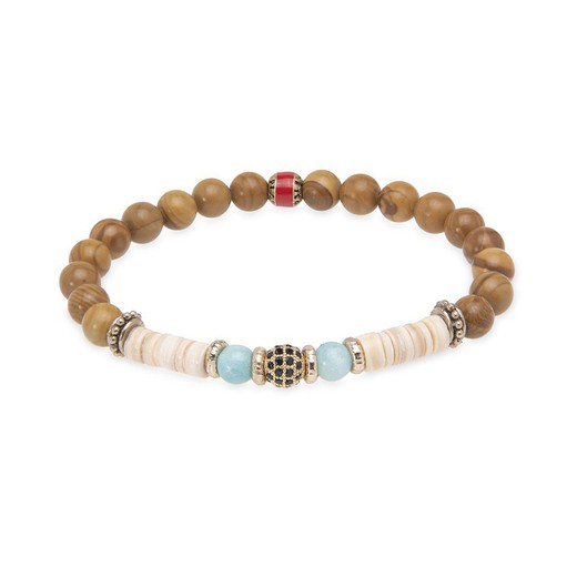 Pulsera Pata de Palo colección Deni para mujer WB398A aros de nácar, jade madera, dos bolas de ágata azul