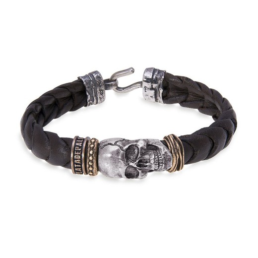 Pulsera Plata de Palo SKULL SB047A de hombre moderna calavera cuero trenzado