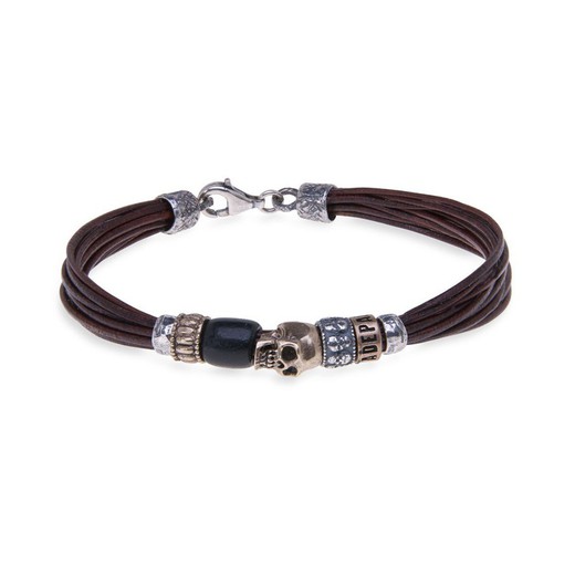 Pulsera Plata de Palo SKULL SB046X calavera central de cuero marrón