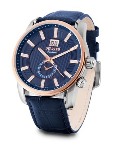 Reloj Duward Swiss Made de hombre colección DIPLOMATIC Canarias Ref D85709.85 caja de acero 316L bicolor correa de piel azul elegante y doble horario