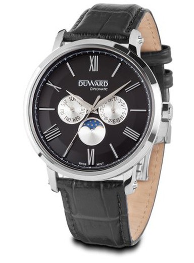 Reloj Duward Swiss Made de hombre modelo DIPLOMATIC Navarra Ref D85710.02 elegante esfera negra caja de acero inoxidable 316L multifunción