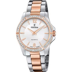 RELOJ FESTINA MUJER CAJA ACERO 37 MILÍMETROS ESFERA ROSA CON CIRCONITAS  BLANCAS Y DETALLES COBRES CADENA DE ACERO AJUSTABLE