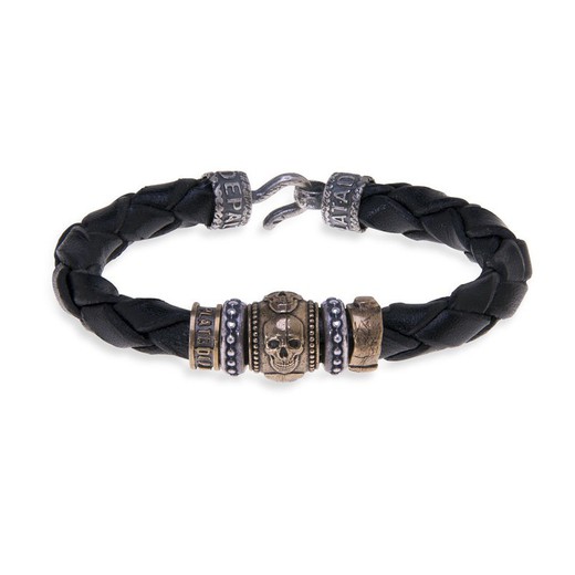 SB040X Pulsera Plata de Palo Skull calavera cuero negro trenzado elegante