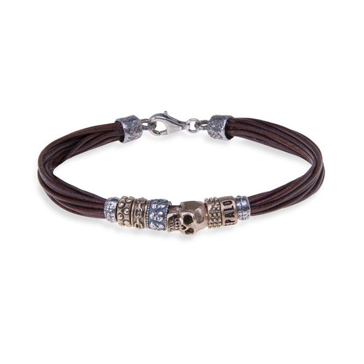 SB043X Pulsera Plata de Palo Skull cuero fina discreta y elegante