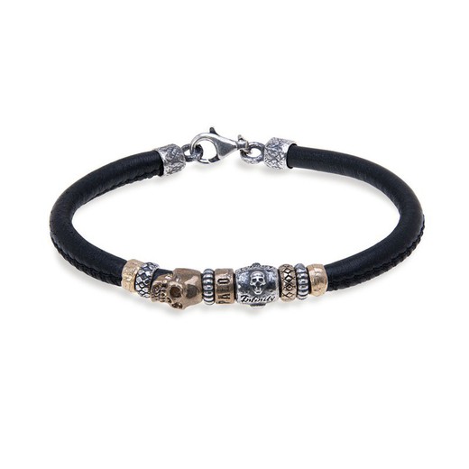 SB079X Pulsera Plata de Palo cuero natural, plata y calavera