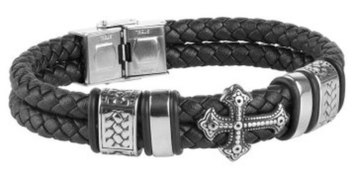 Pulsera hombre colección Schota Rustaveli Ref. DT3096.02 de cuero doble negro decorada en acero 316L y cruz central