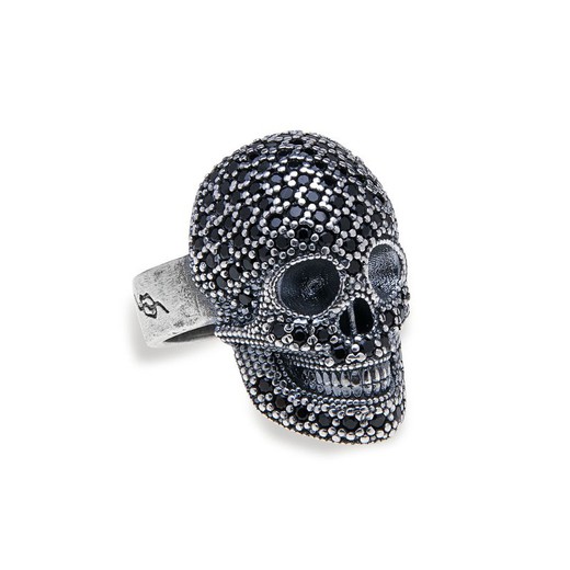 SR014N Anillo Plata de Palo calavera con circonitas negras