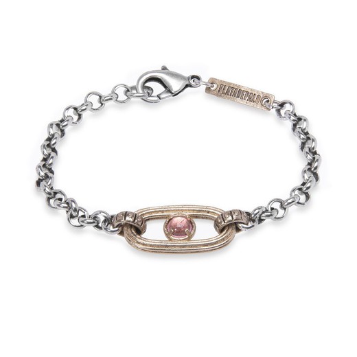 WB419X Pulsera PLATA DE PALO mujer eslabón en bronce con cabujón color rosa, piezas de bronce, chapa de bronce identificativa de la marca y cierre de mosquetón