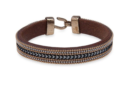 WB471X Pulsera Plata de Palo unisex de cuero con pasamanería negra y marrón cierre en bronce de gancho