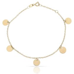 00-1386 Pulsera decorada con cinco mini charms en forma de círculos lisos elaborados en oro de 18 Kilates