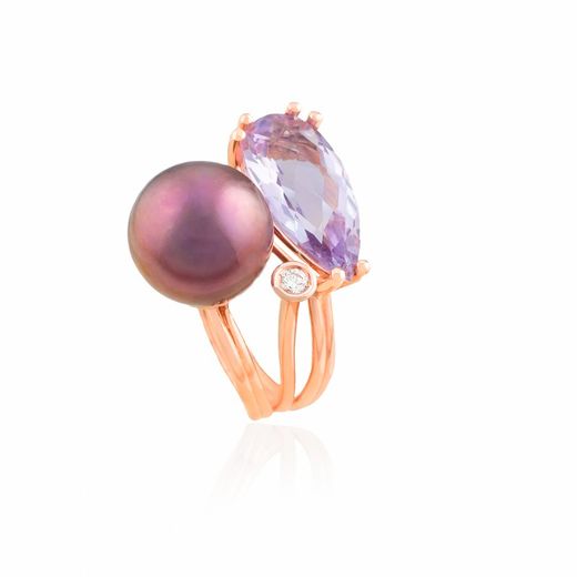 01-001072A Anillo de mujer oro rosa y perla chocolate con diamante original y moderno